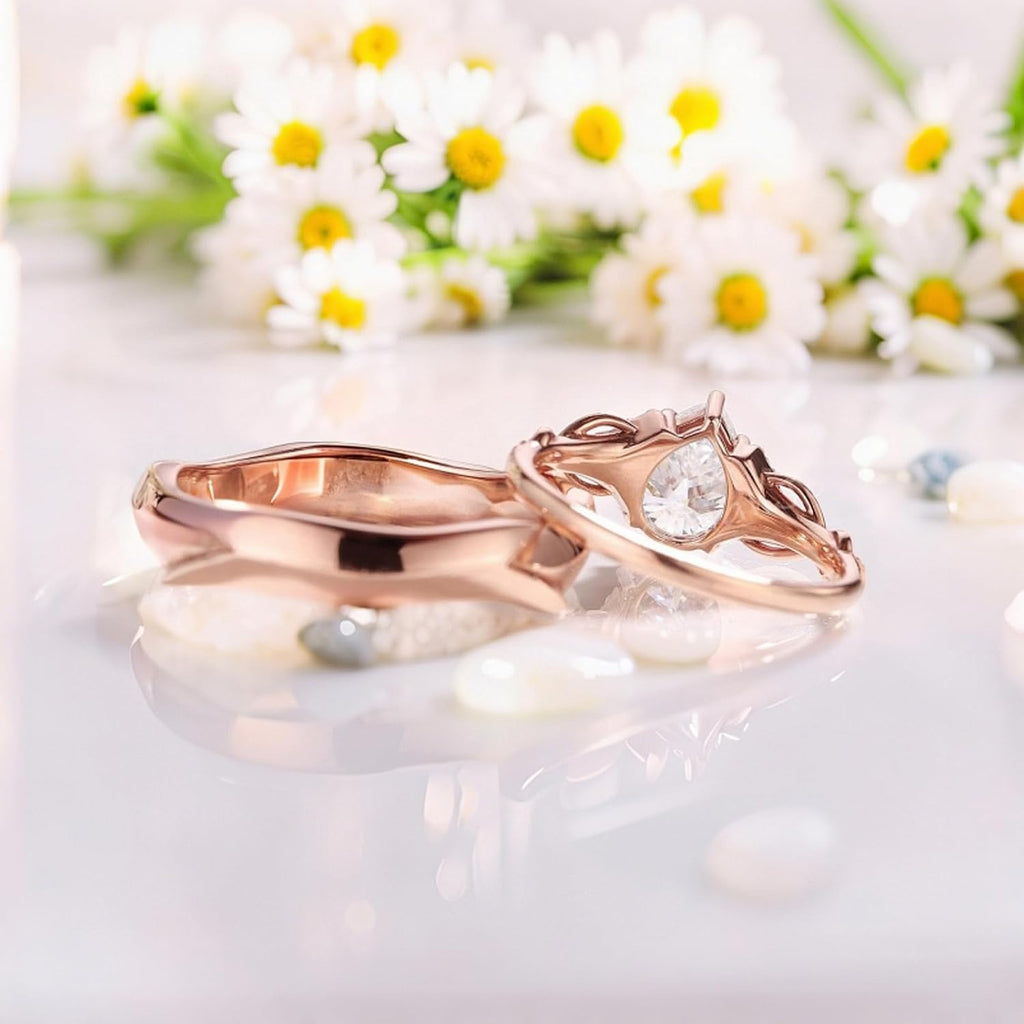 SISGEM Moissanite Couple Rings Set, 10K 14K 18K Solid Gold Moissanite Wedding Rings for Him And Her, Vintage Leaf/Branch Wedding Bands Matching Couple Rings Anniversary Jewelry Gift for Women And Men