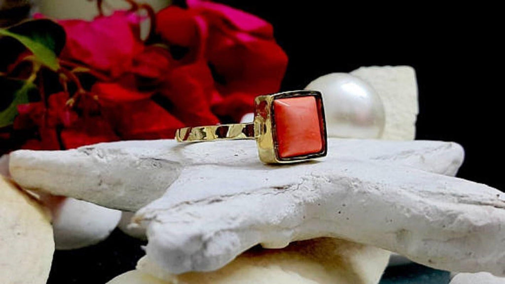 Coral square bezel set ring