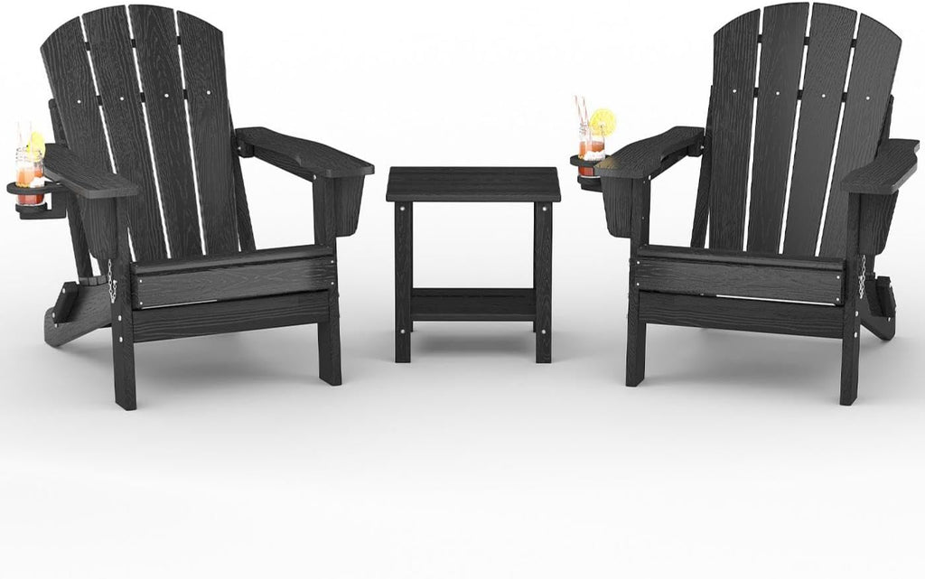 GarveeLife Folding Adirondack Chair Set of 2 with Side Table, All-Weather HDPE Outdoor Chair, Wooden Textured with Cup Holder for patios, Decks, Gardens, fire pits, Black