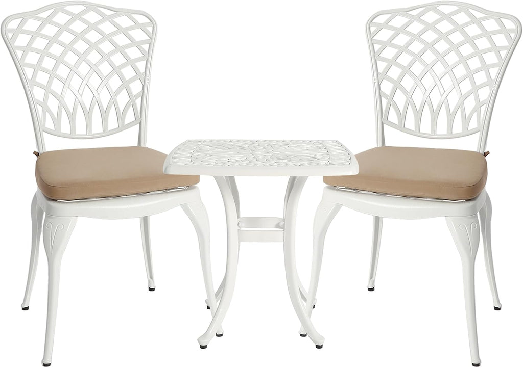 HOMEFUN Thickened Heavy-Duty Cast Aluminum Bistro Set of 2 Outdoor 3 Piece Patio Set with Padded Cushion, Ultra Sturdy Rustproof All-Weather for Garden Balcony, White