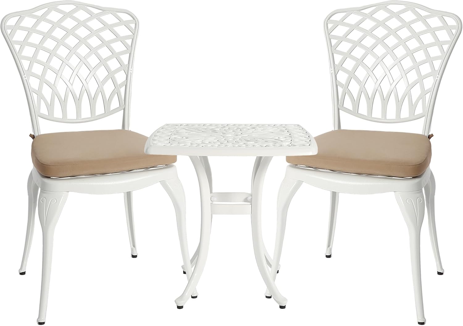 HOMEFUN Thickened Heavy-Duty Cast Aluminum Bistro Set of 2 Outdoor 3 Piece Patio Set with Padded Cushion, Ultra Sturdy Rustproof All-Weather for Garden Balcony, White