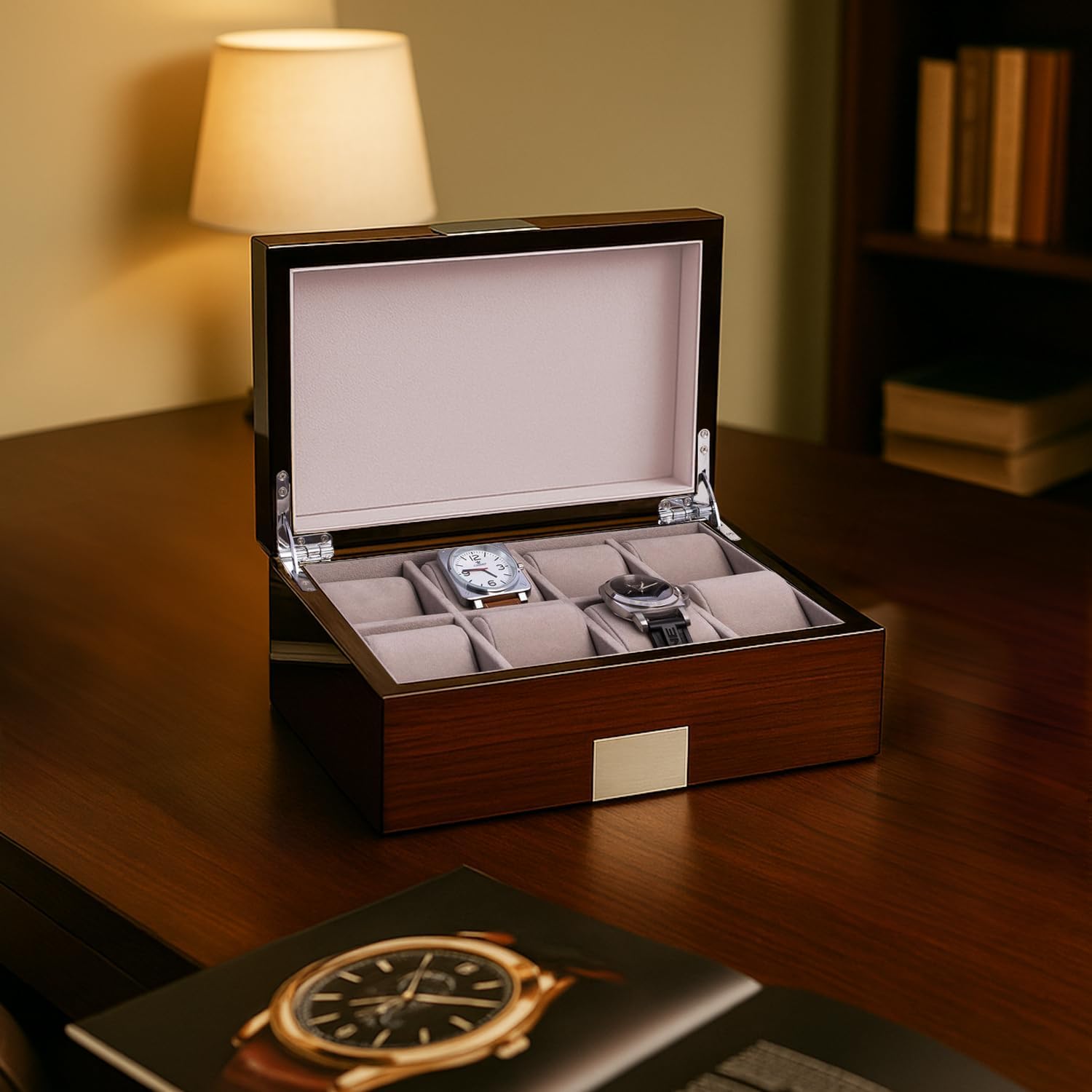 Bey-Berk Lacquered Walnut 8-Slot Watch Box, Solid Wood Watch Display Case with Stainless Steel Accents, Soft Velour Lining and Magnetic Closure, 11.85' x 8' x 4'
