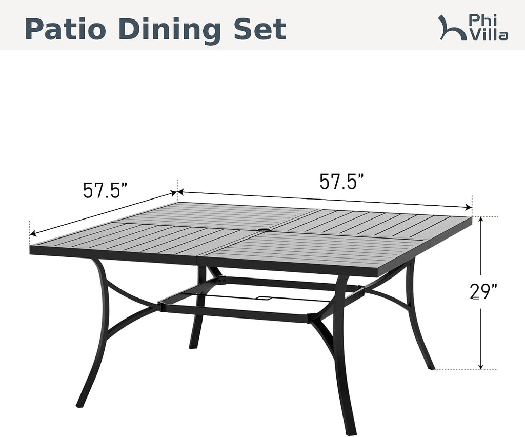 PHI VILLA Large Outdoor Square Dining Table for 8, 57.5' Metal Steel Slat Table with Umbrella Hole, Weather-Resistant Dining Fruniture for Patio, Deck, Backyard, Porch - Black