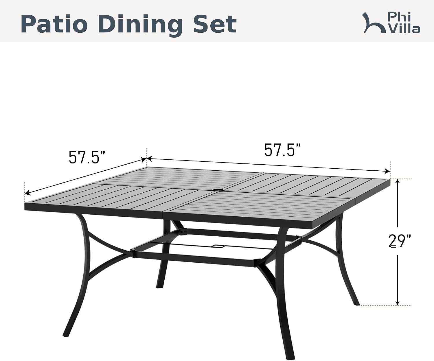 PHI VILLA Large Outdoor Square Dining Table for 8, 57.5' Metal Steel Slat Table with Umbrella Hole, Weather-Resistant Dining Fruniture for Patio, Deck, Backyard, Porch - Black