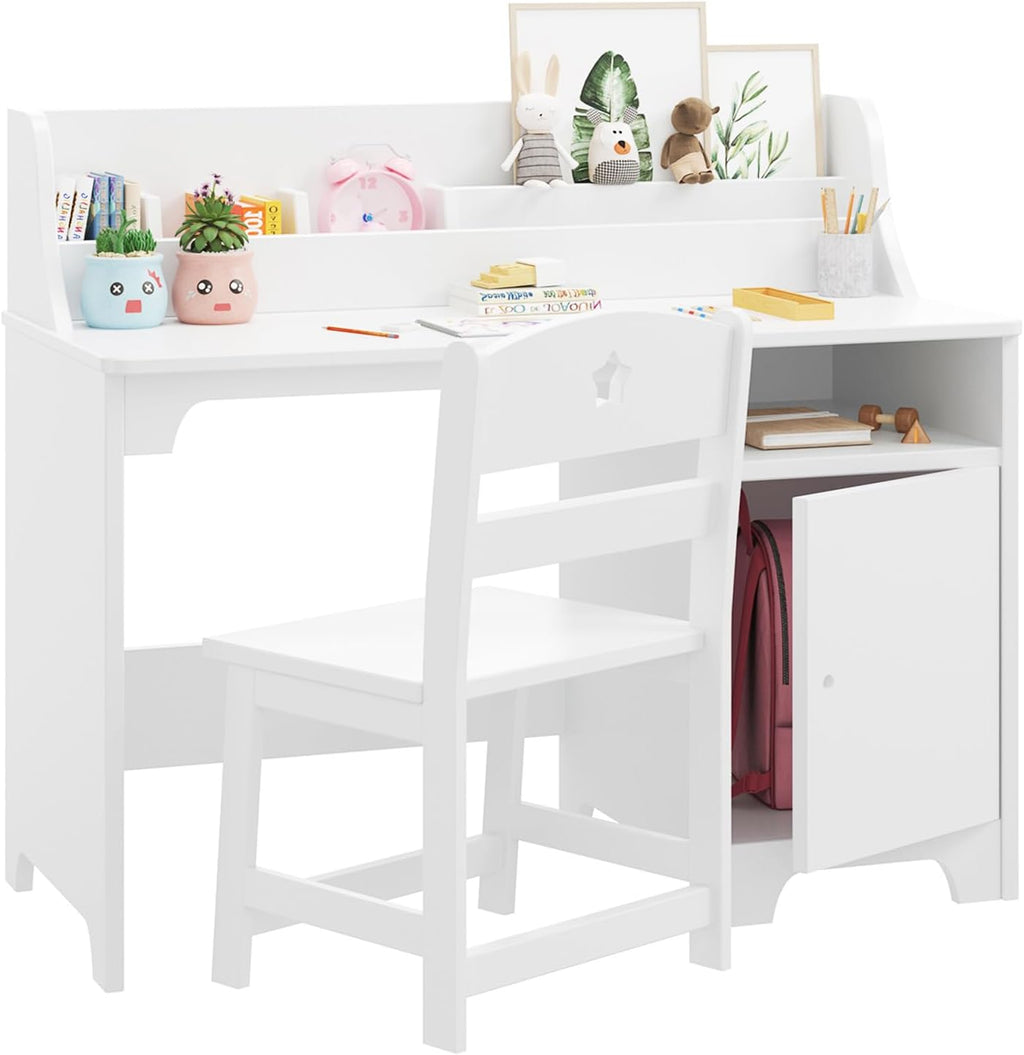 Kids Study Desk with Chair,Wooden Children Study Table, Kids Desk & Chair Sets with Hutch and Storage Cabinet for 3-12 Year Old, Student Writing Desk Computer Workstation for Kids Bedroom & Study Room