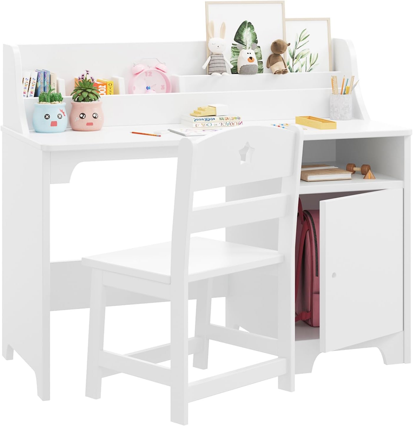 Kids Study Desk with Chair,Wooden Children Study Table, Kids Desk & Chair Sets with Hutch and Storage Cabinet for 3-12 Year Old, Student Writing Desk Computer Workstation for Kids Bedroom & Study Room