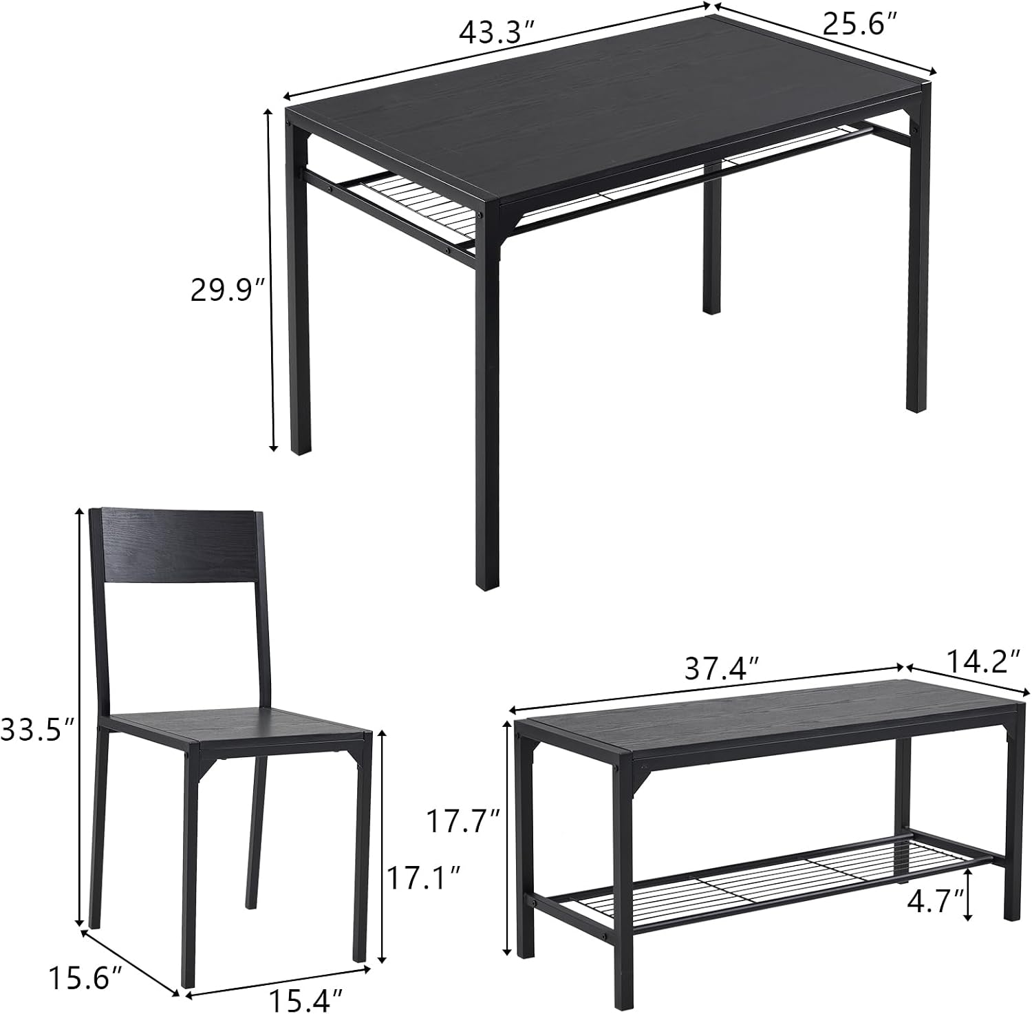 Karl home 4-Piece Dining Table Set for 4, Modern Kitchen Table Chairs Set for Small Space,Apartment, Storage Rack, Rectangular Table, Bench, 2 Chairs, Metal Frame-Retro Black