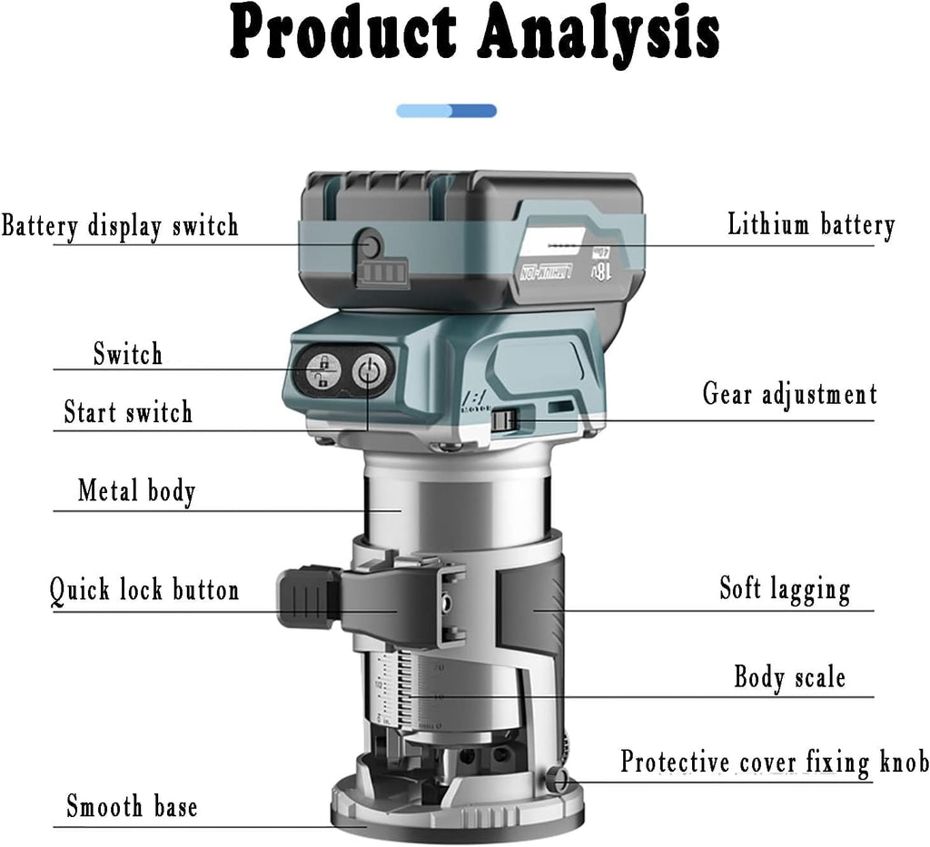 Cordless Compact Router, Portable Woodworking Router Slotting with 4 Bases, 5 Levels Adjustable, 20MM Depth Adjustable, Dust Hood, Electric Hand Laminate Trimmer Set Wood Routing Trimming
