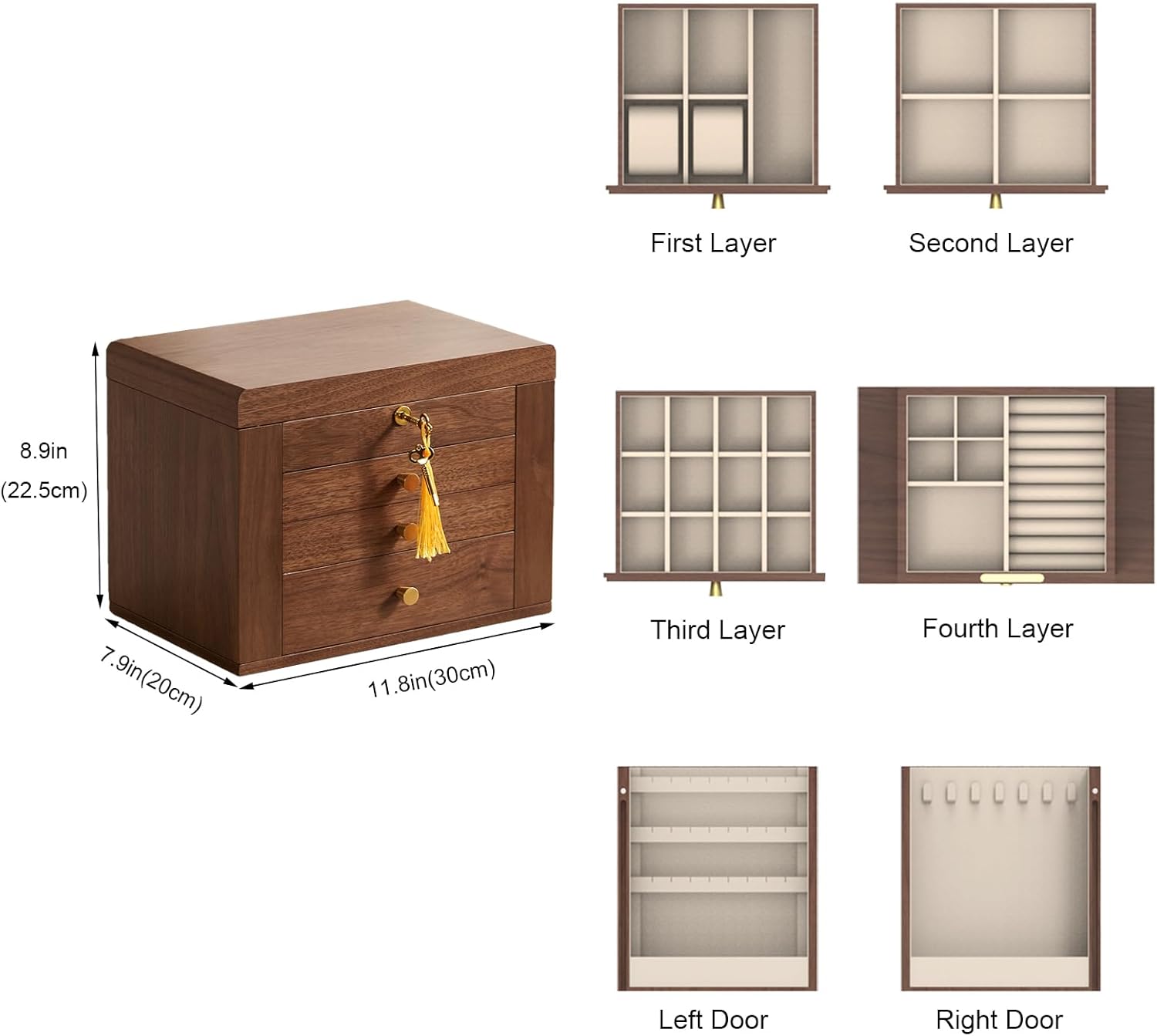 Black Walnut Wooden Jewelry Box, Wood Jewelry Organizer with 2 Side Doors Mirror Lockable Classical Style for Watch Necklace Ring Earring Storage, Ideal Gift-4 Layer