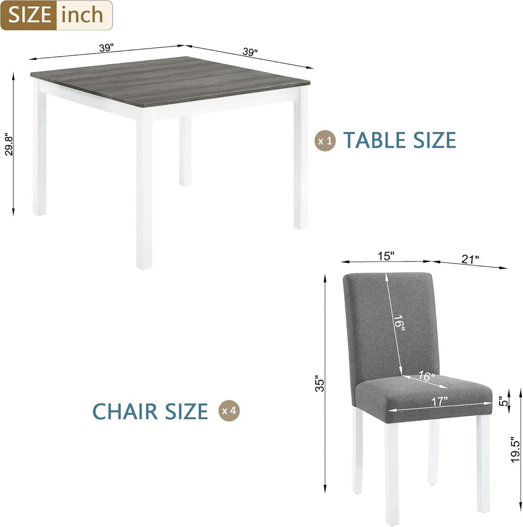 KEIKI 5-Piece Standard Height Dining Table Set with Square Table and 4 Upholstered Curved Backrset Chair, for 4 Person, Modern Wooden Table Set, Easy Assembly, for Kitchen, Dining Room, White+Gray