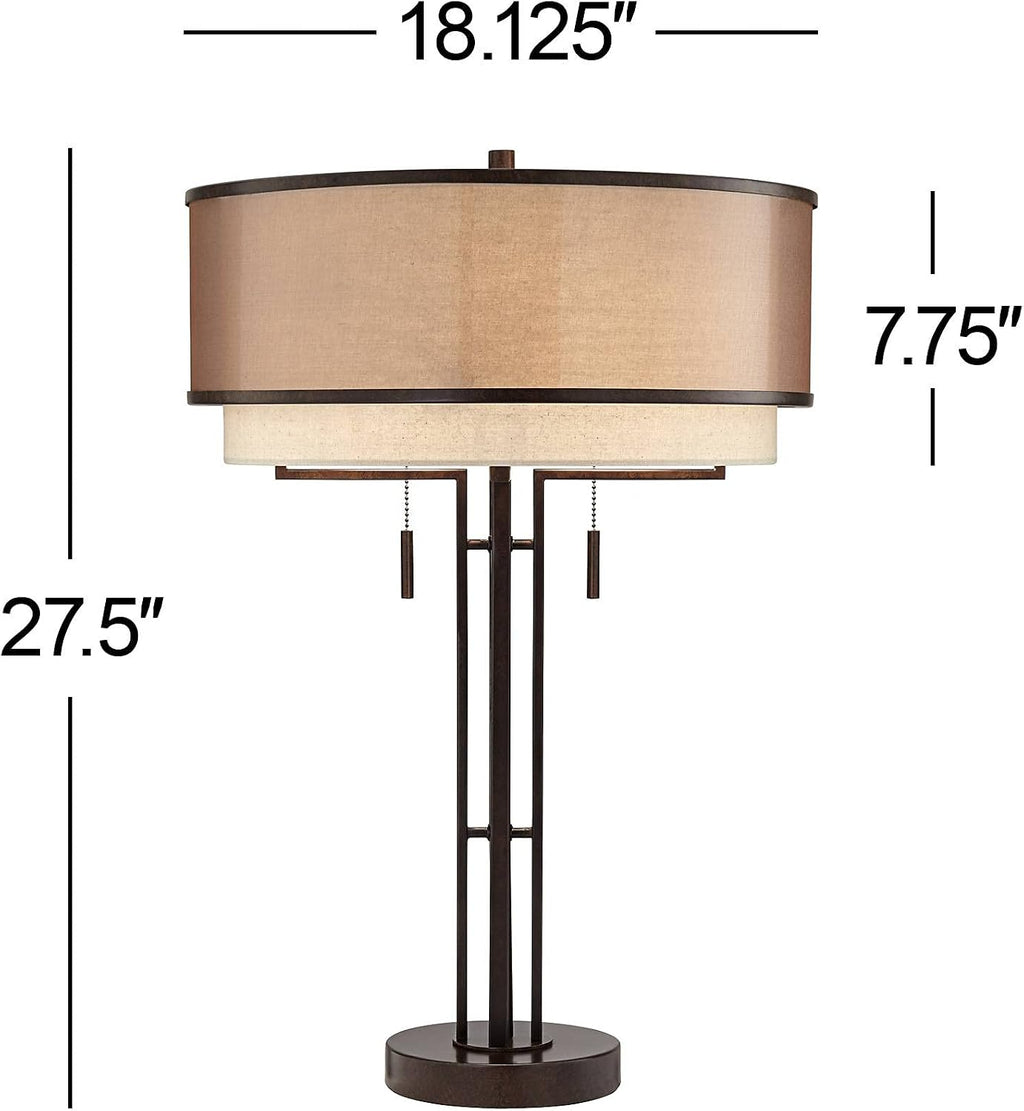 Franklin Iron Works Andes 27 1/2' Tall Industrial Rustic Modern Table Lamps Set of 2 Pull Chain Brown Oil Rubbed Bronze Finish Metal Double Shade Living Room Bedroom Bedside Nightstand House Office