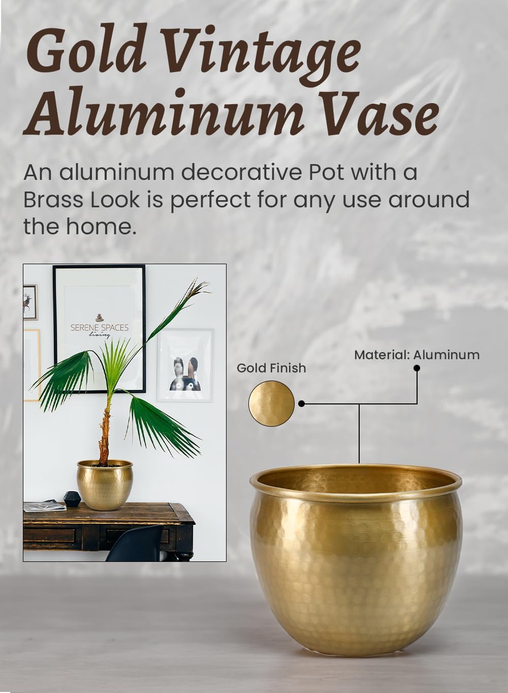 Serene Spaces Living Gold Brass Look Vintage Aluminum Vase - Perfect Decorative Accent for Plants, Weddings, and Events, Metallic Pot for Home, Medium, Measures 9' Diameter and 7' Tall