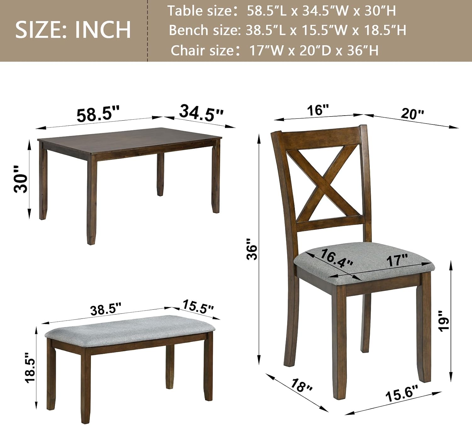 KEIKI 6-Piece Standard Height Dining Table Set with Rectangular Table, 4 Upholstered X-Shaped Backrset Chair, Bench, for 6 Person, Modern Table Set, Easy Assembly, for Kitchen, Dining Room, Walnut