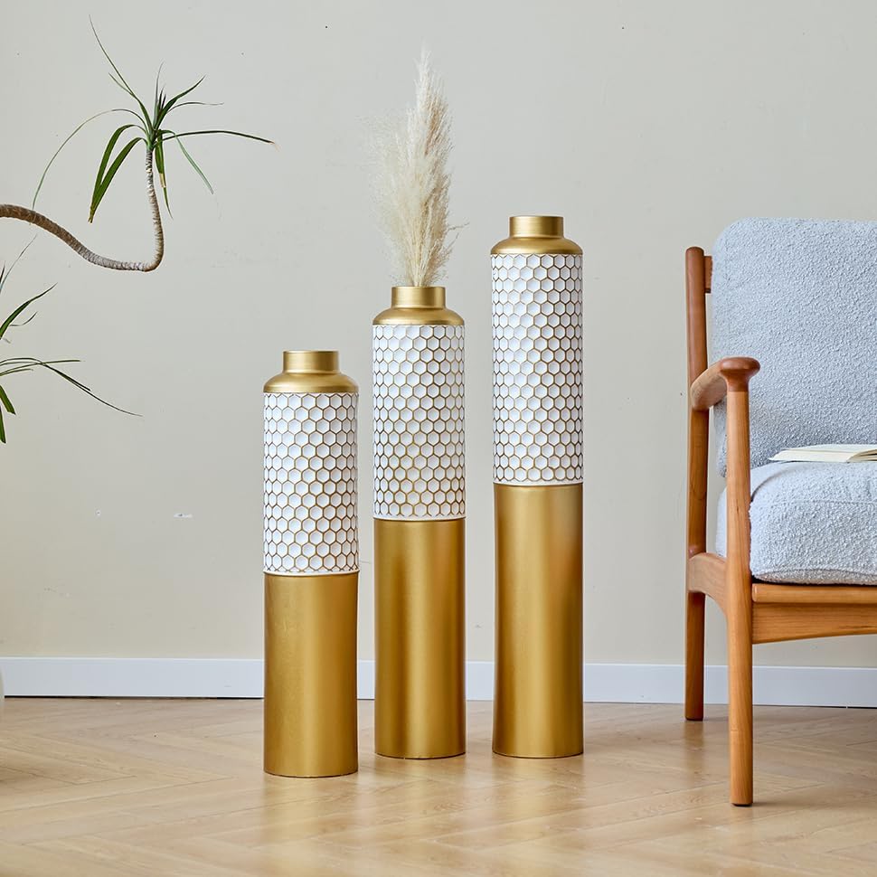 Floor Metal Decorated Vases Set of 3 for Gorgeous Home Decoration Large Glazed Metal Vases (Gold+White)