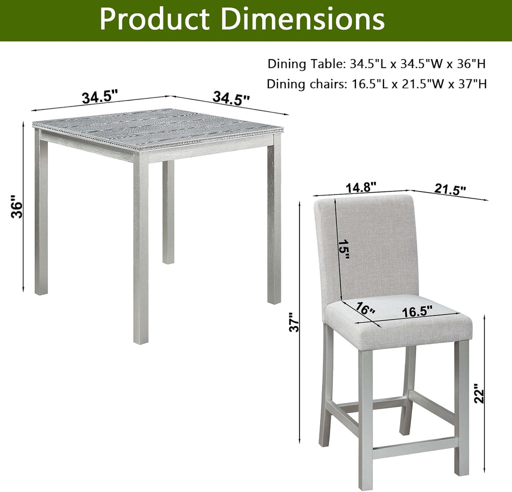 KEIKI 5-Piece Counter Height Dining Table Set with Square Table and 4 Upholstered Chair, for 4 Person, Modern Crystal Decoration Wooden Table Set, Easy Assembly, for Kitchen, Dining Room, Silver Grey