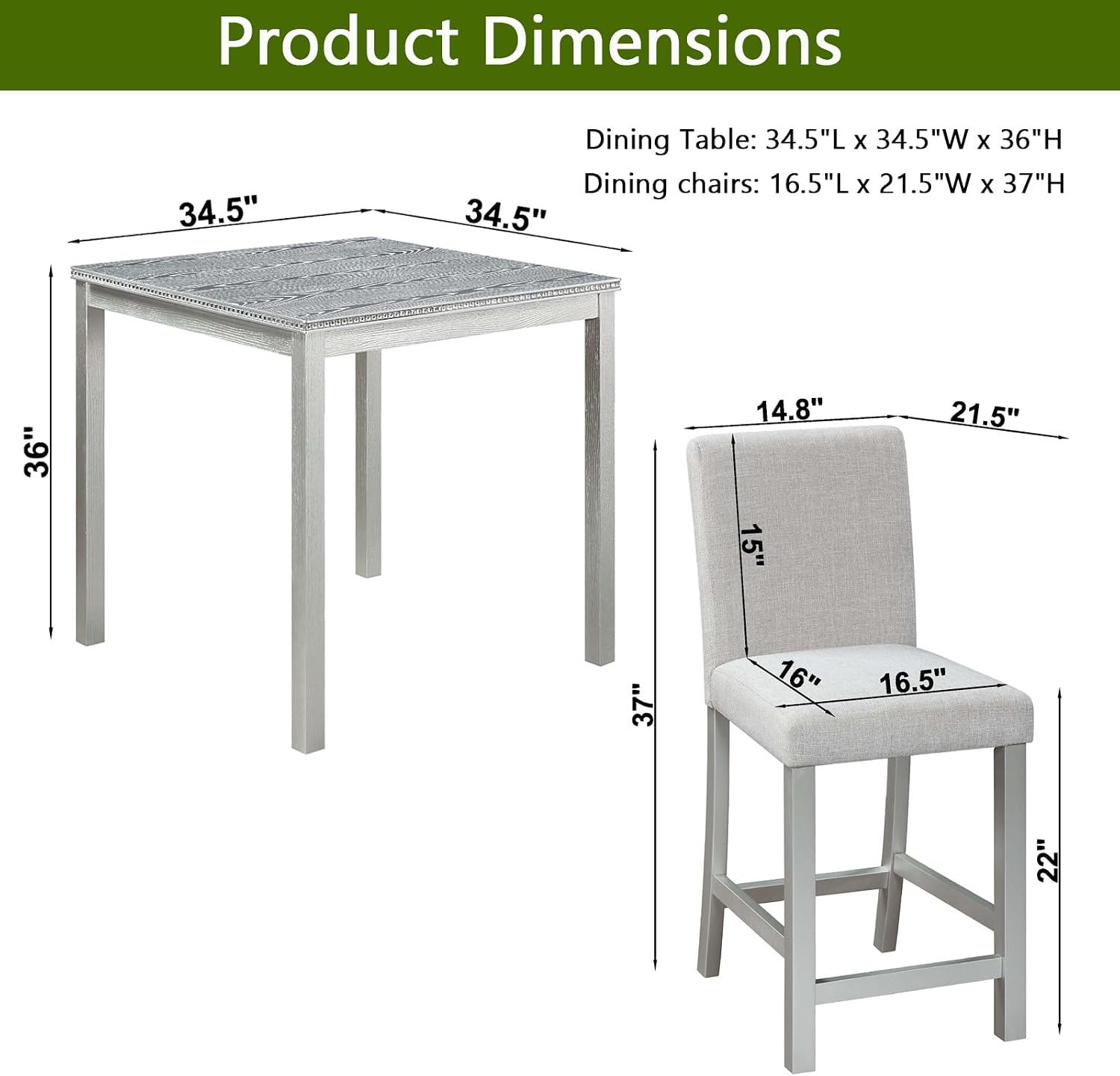 LUMISOL Dining Table Set for 4, 5-Piece Solid Wood Counter Height Kitchen Table Set with 4 Upholstered Chairs for Kitchen, Dining Room, Home Bar, Silver Gray