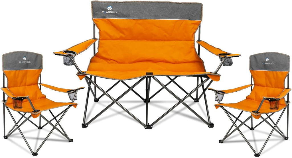 Camping Chair Set of 3, Outdoor Folding Camping Chairs for Heavy People with Cup Holder & Carry Bag,Collapsible Chair Include One Sofa Chair and Two Single Chair,Support up to 500lbs