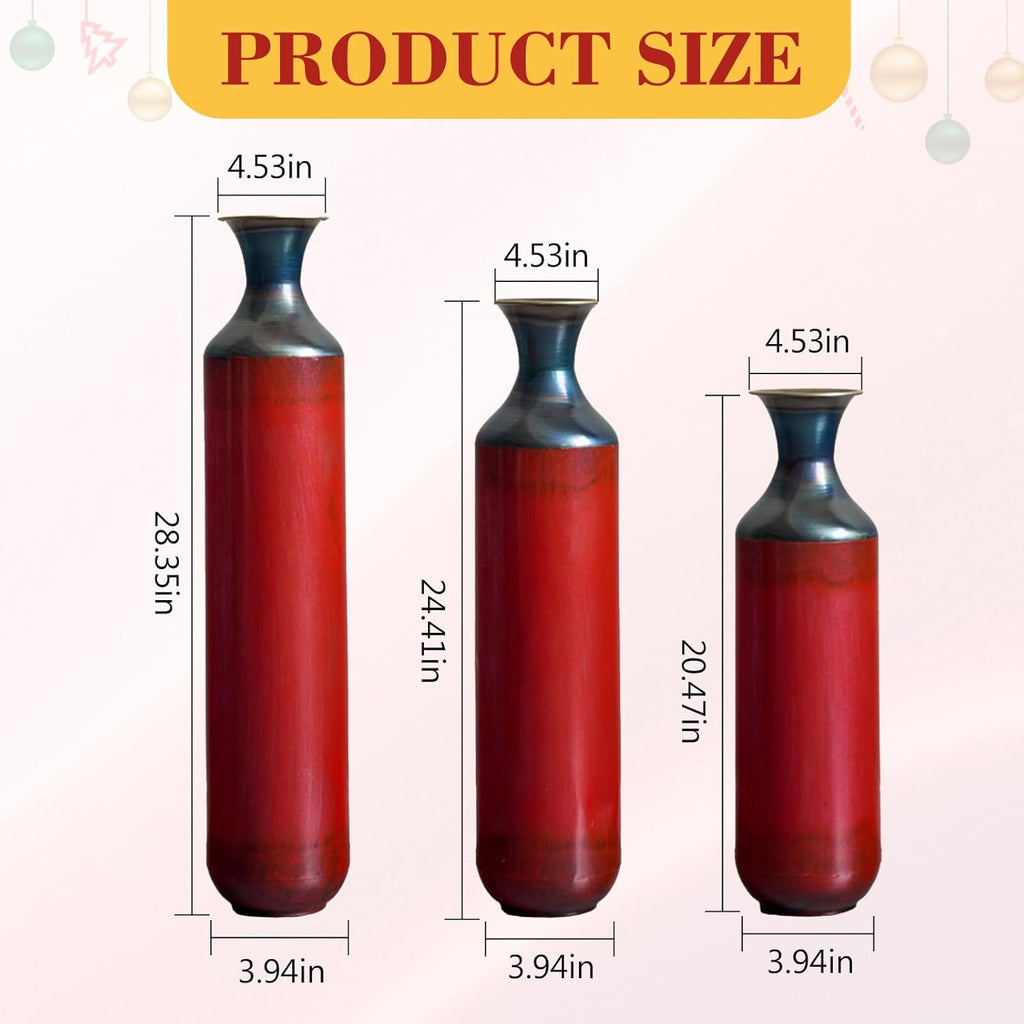 Floor Metal Decorated Vases Set of 3 for Gorgeous Home Decoration Large Glazed Metal Vases (Red)