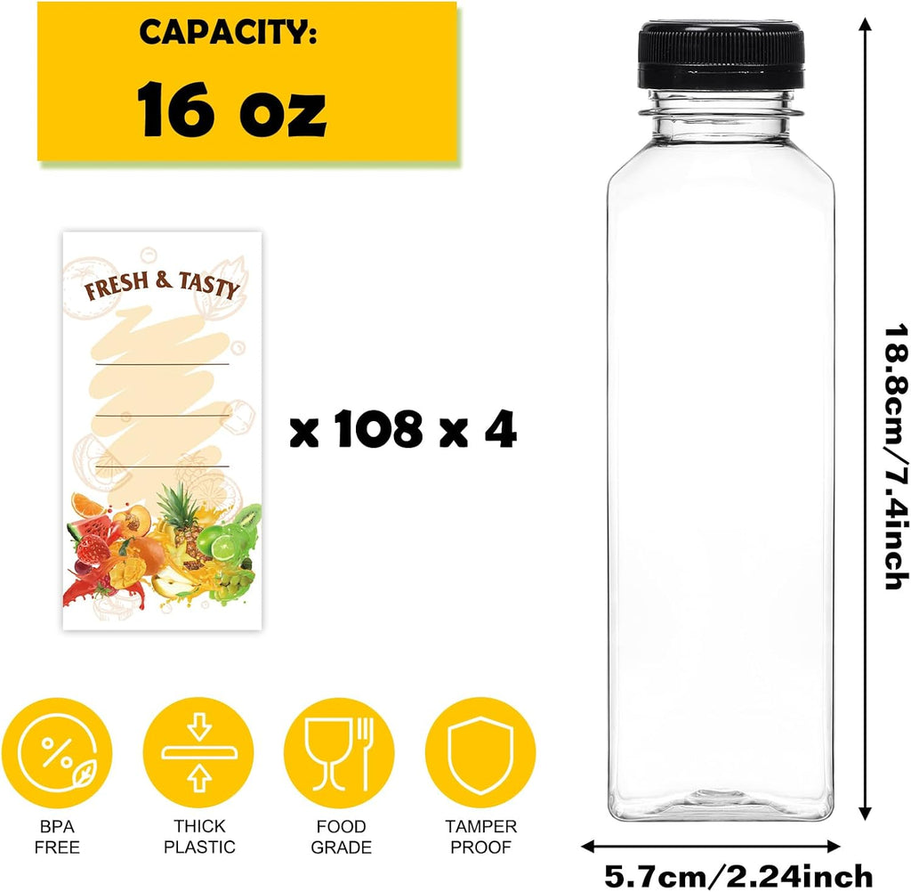 BAKHUK 432pcs 16oz Empty Plastic Juice Bottles with Caps, Plastic Water Bottles with Lids, Reusable Clear Bulk Beverage Containers for Juice, Milk and Other Beverages(4 Package)