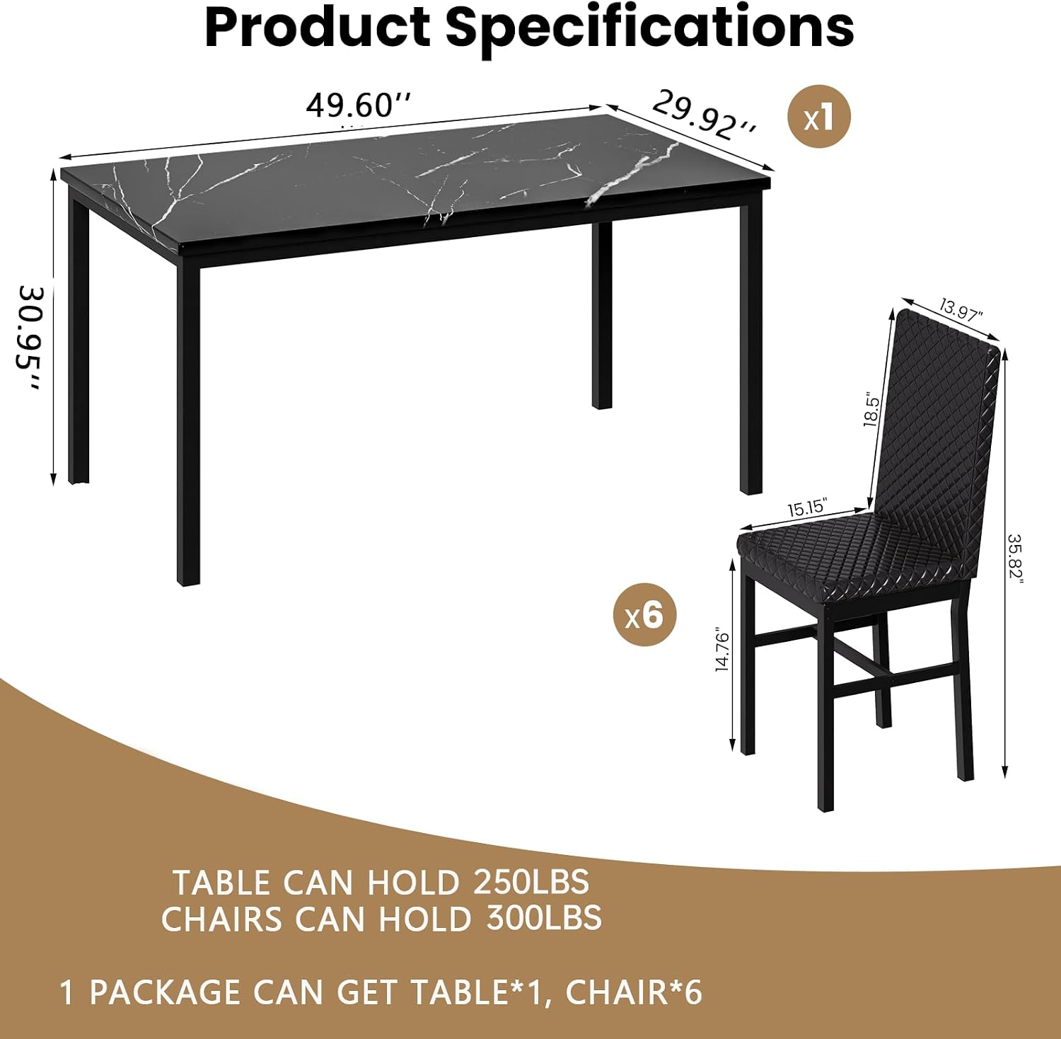 Recaceik Dining Table Set for 6, Faux Marble 7 Piece Dining Table Set with Chairs, Kitchen Table Set with PU Leather Dining Chairs for Small Space & Breakfast Nook, Black