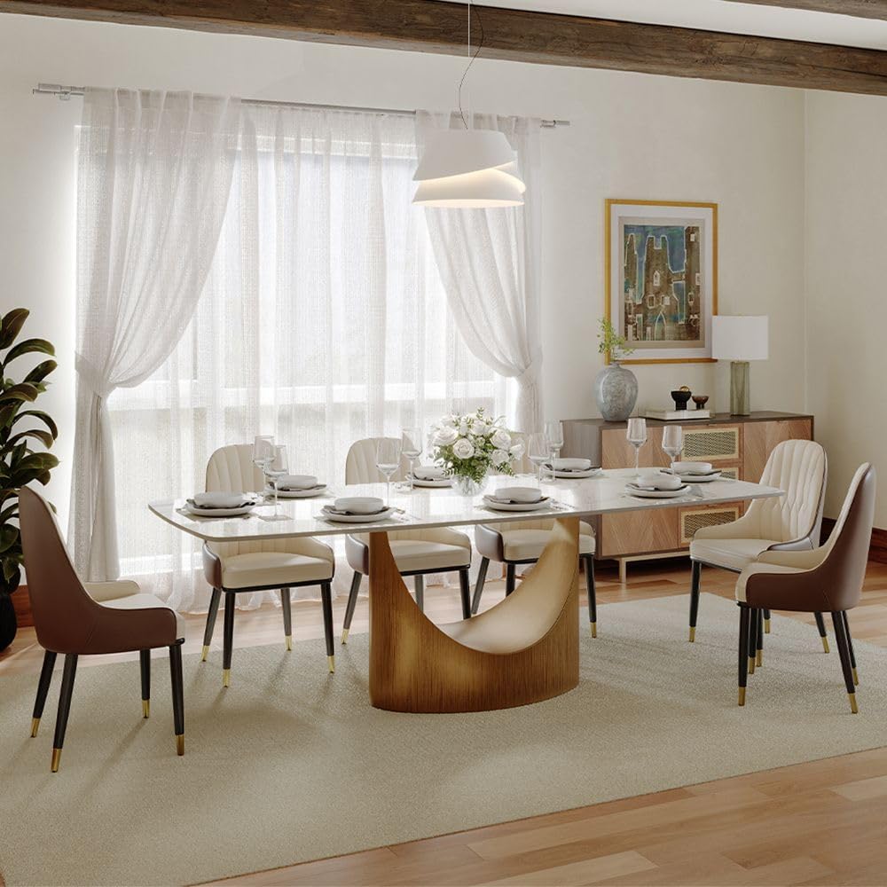 POVISON 94' Modern Dining Table for 8-10, Glossy White Dining Table Sintered Stone Minimalist Tabletop with Bronze Carbon Steel Pedestal for Dining Room (Table Only)