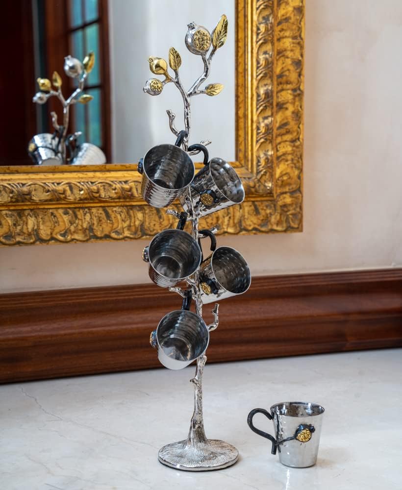 Yair Emanuel Set of 6 Liquor Cups of Hammered Metal on Pomegranate Branch Stand
