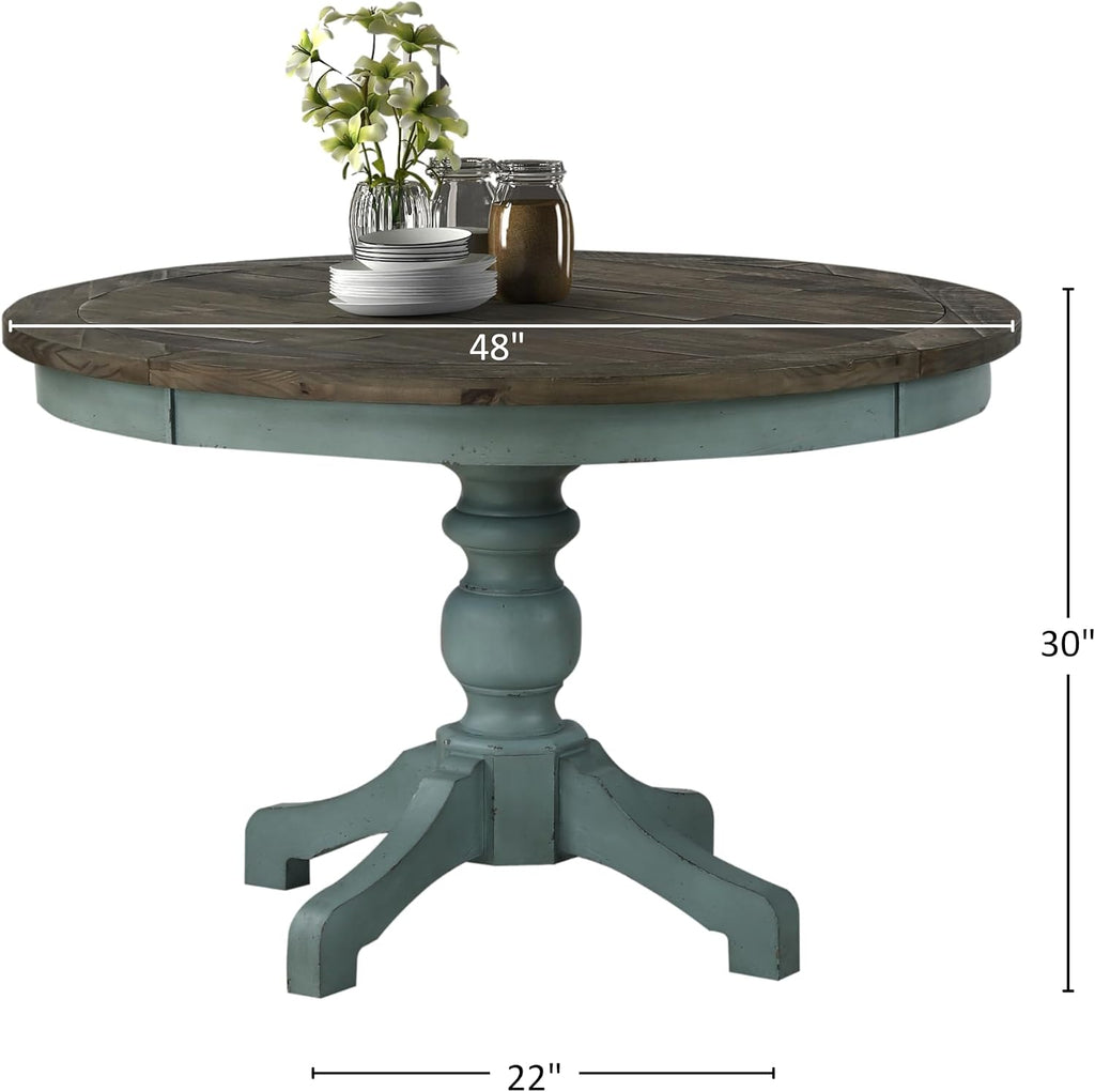Roundhill Furniture Prato Round Two-Tone Finish Wood Dining Table, Blue and Brown