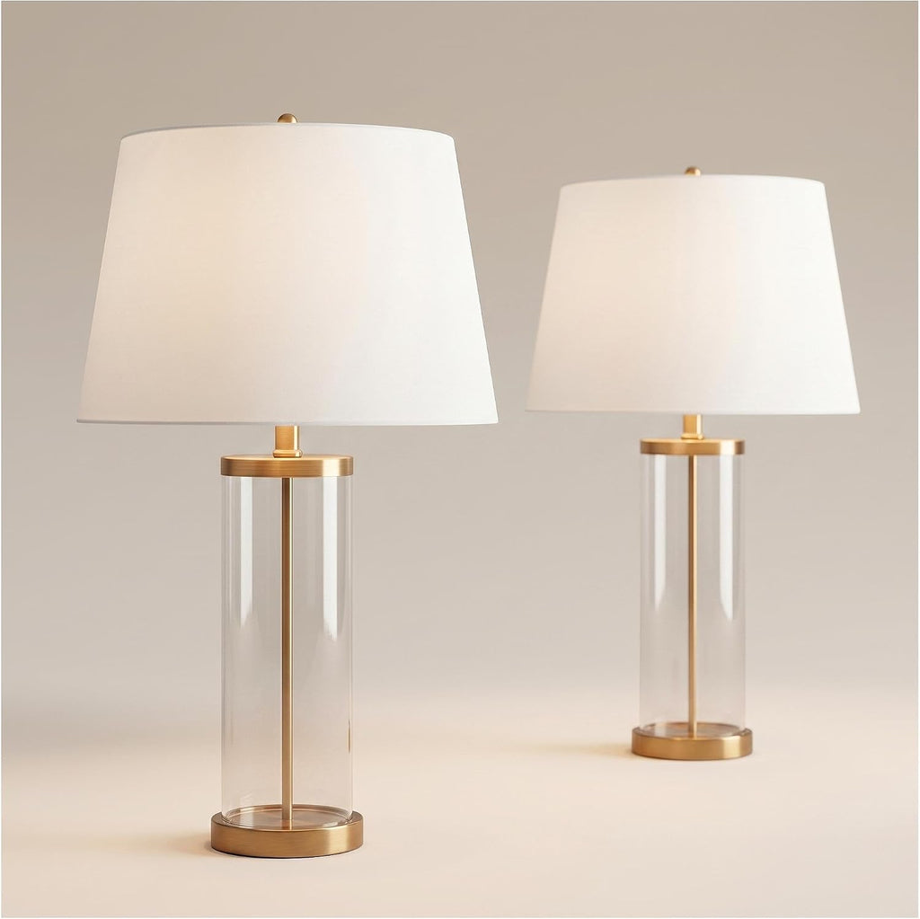 360 Lighting 26' High Cylinder Country Cottage Table Lamps Set of 2 Fillable Clear Gold Finish Glass Metal White Shade Living Room Bedroom Bedside Nightstand House Office Home Kitchen