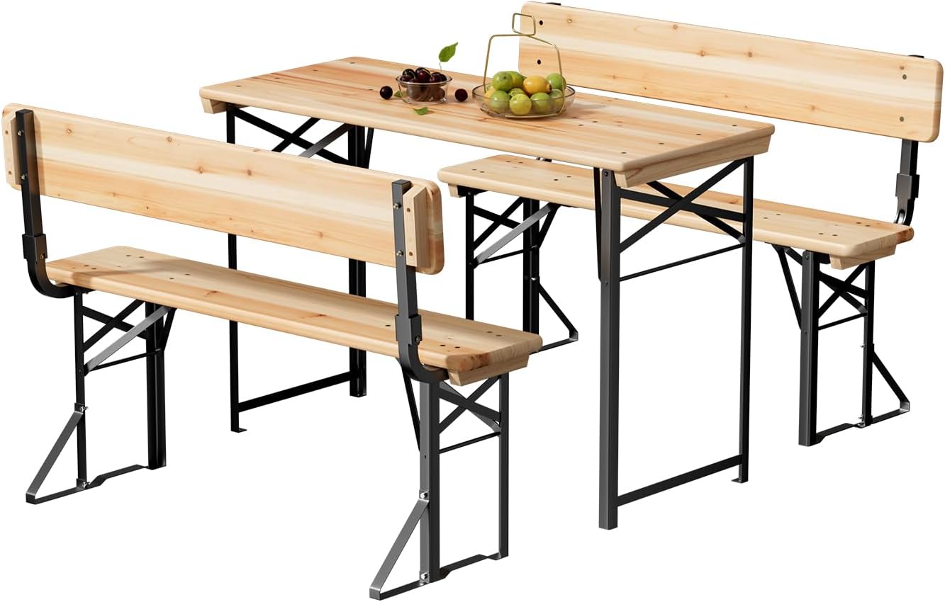VINGLI 45 Inch Folding Picnic Tables and Chair Set with Backrest Bench, Weather-Resistant Wooden Beer Garden Table Bench, 3-Piece Portable Fold Up Camping BBQ Table,Natural Wood Color