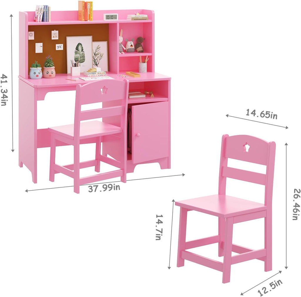 GarveeHome Kids Desk & Chair Set with Hutch, Storage Cabinet, Wooden Children Student Writing Table Computer Workstation for Kids Bedroom & Study Room