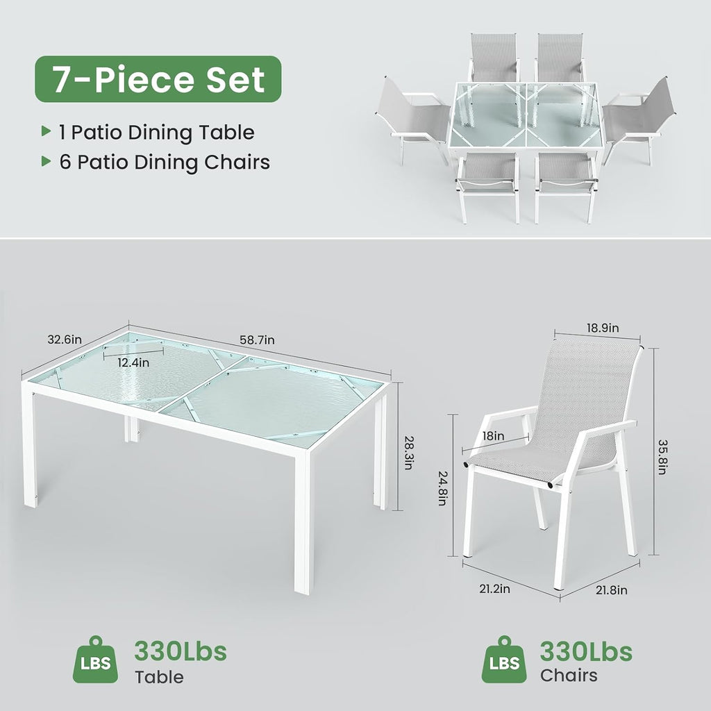 Jocoevol 7 Piece Patio Dining Sets for 6, Outdoor Table and Chairs Set with 59in Patio Dining Table and 6pcs Textilene Chairs, All Weather Furniture Set for Backyard Deck Garden