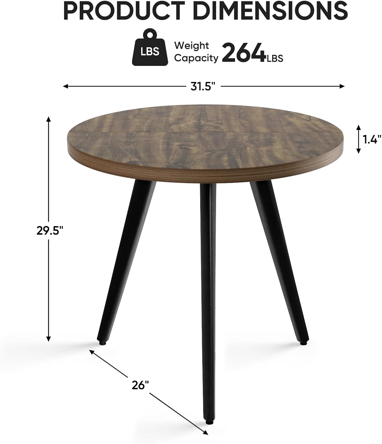 Round Dining Table, Small Dining Table for 2, 31.5' Round Table, Mid-Century Modern Kitchen Table with 1.4' Thickness Wood Grain Tabletop for or Small Space, Dining Room, Kitchen, UG Rustic Brown