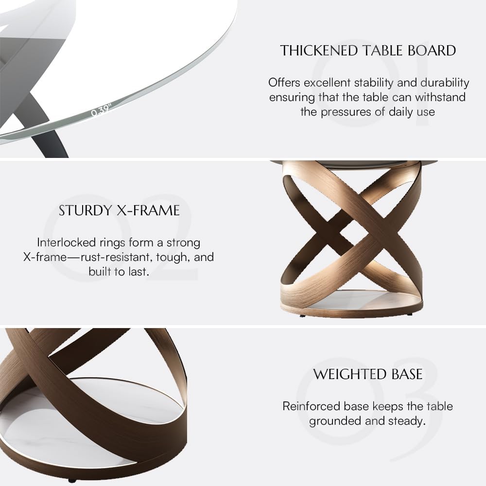 POVISON 59' Modern Round Dining Table, Glass Round Kitchen Table for 6, Glass Dining Room Table Top with Bronze X Carbon Steel Base for Dining Room (Dining Table Only)