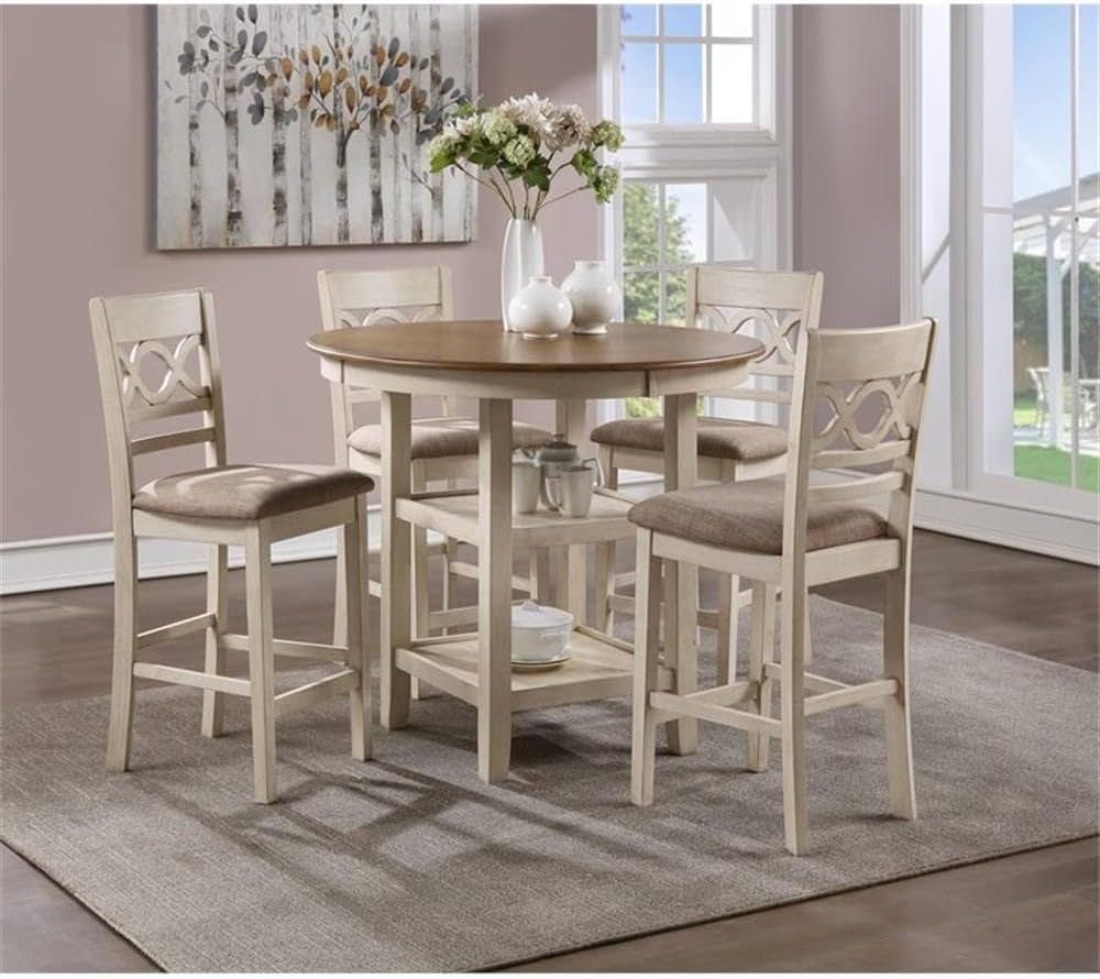 Pemberly Row 5-Piece Solid Wood Counter Dining Set, 42 in Round Table and Chairs, Two-Tone Brown/White Finish, Mindy Wood with Storage Shelves, Padded Seats, Farmhouse Style Kitchen or Dining Room