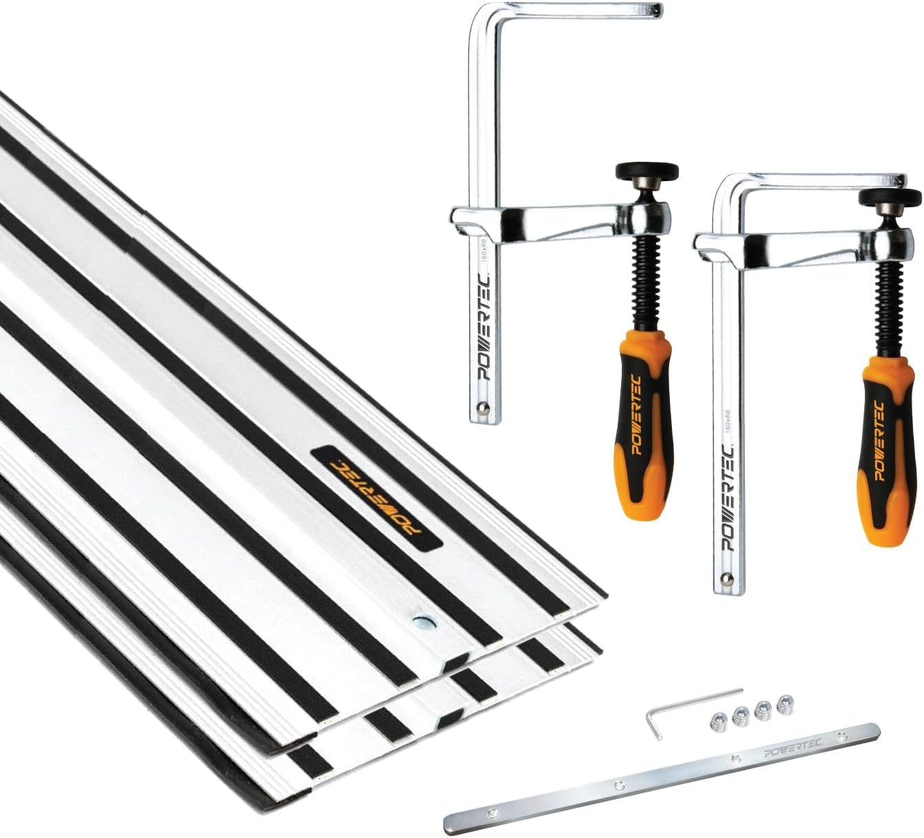 POWERTEC 110' Track Saw Guide Kit for DeWalt, Includes 2PK 55' Guide Rails, 1PK Guide Rail Connector, and 2PK 5-3/8' Track Saw Clamps (72060)