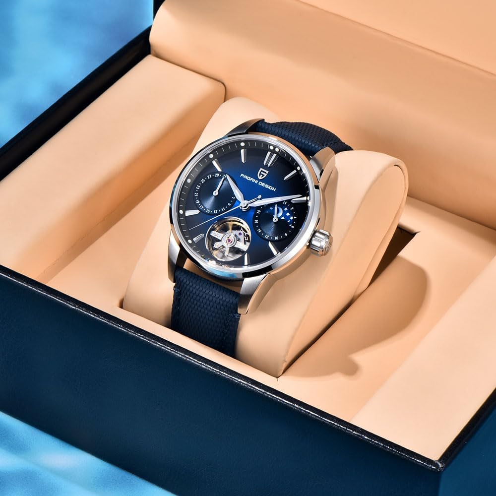Pagani Design Luxury Men's Automatic Watch Skeleton Tourbillon Moon Phase Stainless Steel 100m Waterproof Leather Strap Men's Mechanical Watch
