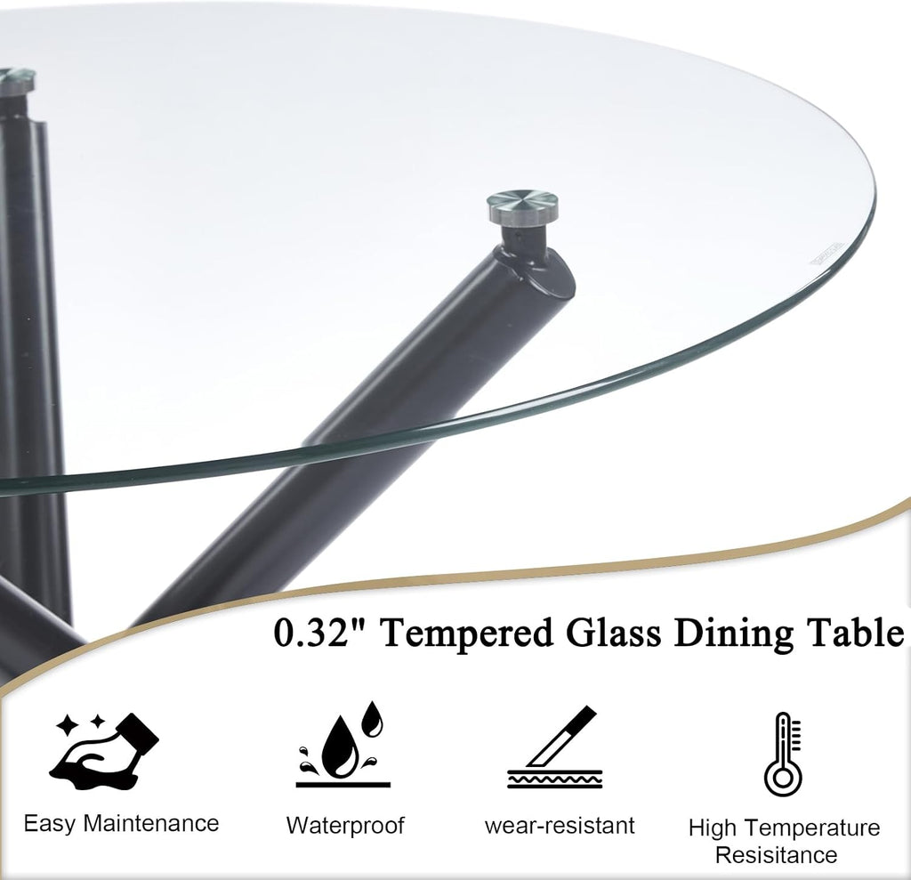 36' Round Dining Table for 4, Modern Clear Glass Kitchen Table for 4 with Black Cross Metal Legs, Contemporary Small Circle Dining Room Leisure Tables for Kitchen Apartment