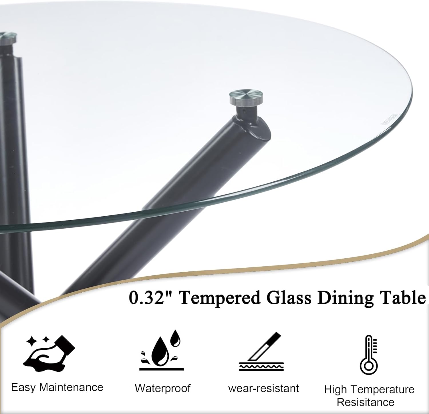 36' Round Dining Table for 4, Modern Clear Glass Kitchen Table for 4 with Black Cross Metal Legs, Contemporary Small Circle Dining Room Leisure Tables for Kitchen Apartment