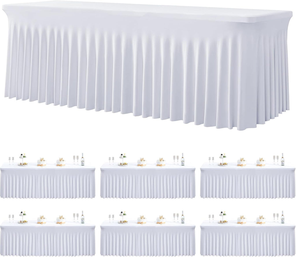 6 Pack Spandex White Tablesloths for 8 Foot Rectangle Tables, Stretchy Table Cloths 8ft Fitted Table Cover Desk Skirt for Parties Weddings Birthday Banquet Baby Shower