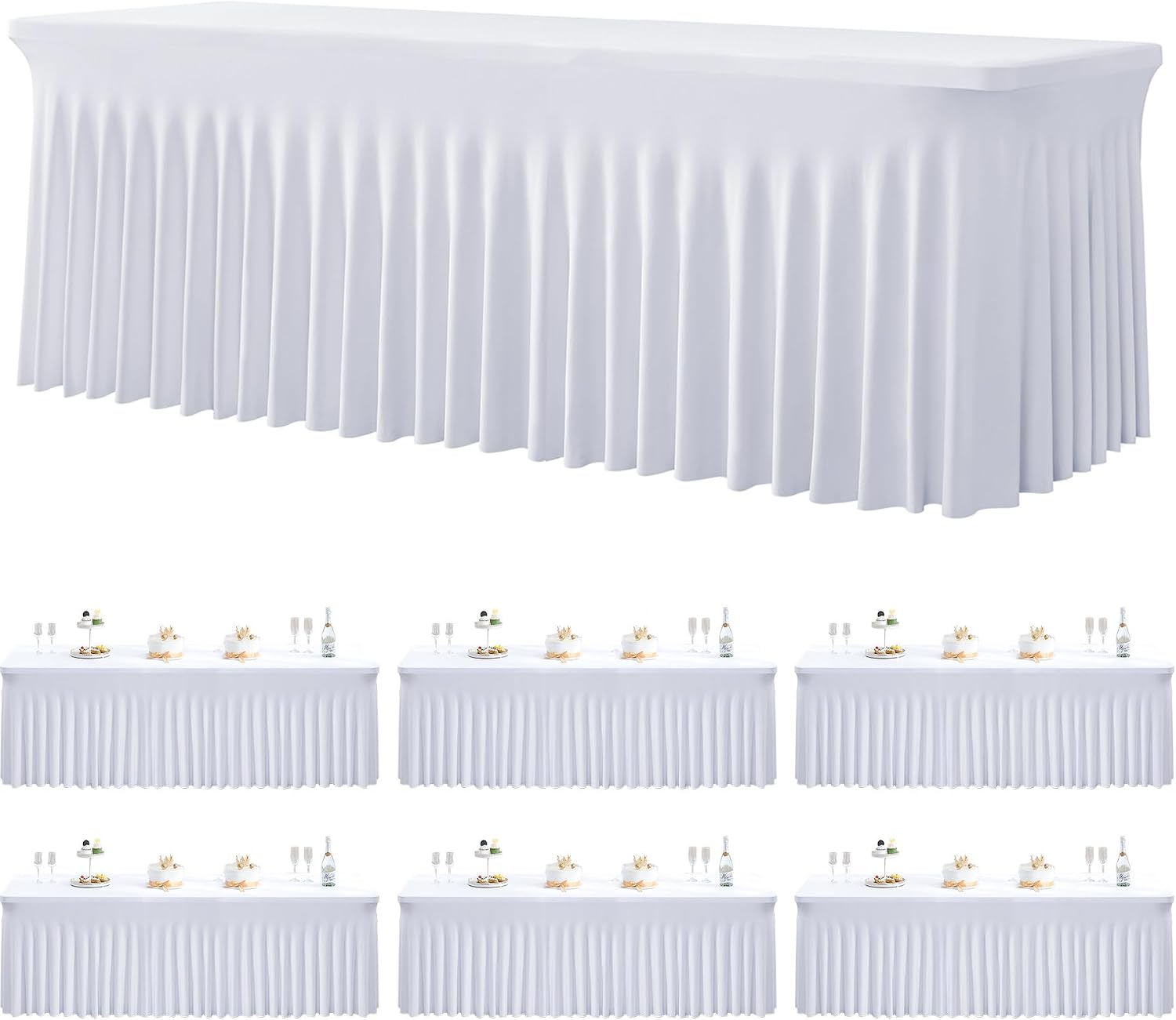 6 Pack Spandex White Tablesloths for 8 Foot Rectangle Tables, Stretchy Table Cloths 8ft Fitted Table Cover Desk Skirt for Parties Weddings Birthday Banquet Baby Shower