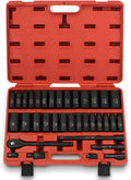 NEIKO 02446A 1/2' Impact Socket Set, 35 Piece, Deep Socket Kit Assortment, Standard SAE (3/8'-1-1/4') and Metric MM (10-32mm) Sizes, Includes Ratchet Handle and Impact Extension Bars
