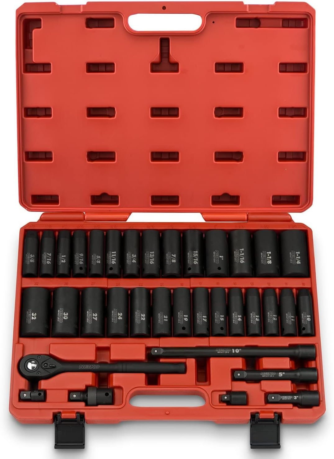 NEIKO 02446A 1/2' Impact Socket Set, 35 Piece, Deep Socket Kit Assortment, Standard SAE (3/8'-1-1/4') and Metric MM (10-32mm) Sizes, Includes Ratchet Handle and Impact Extension Bars