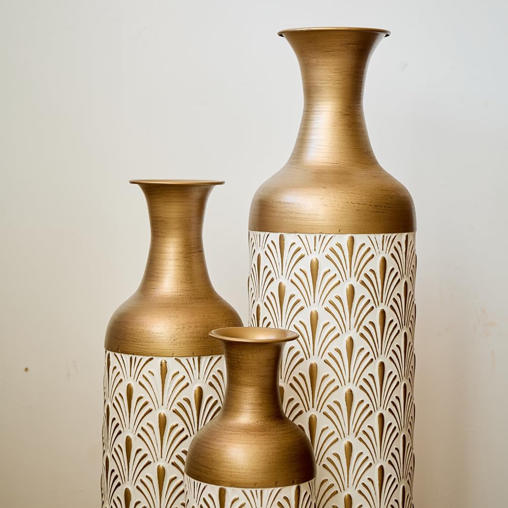 Floor Metal Decorated Vases Set of 3 for Gorgeous Home Decoration Large Glazed Metal Vases (Antique Brass+White)