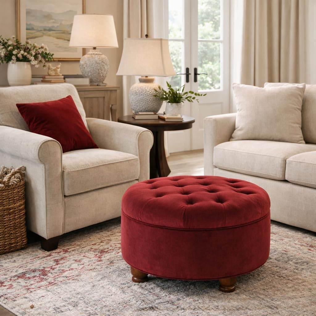 Homepop Home Decor |N8264-B119 | Large Button Tufted Velvet Round Storage Ottoman | Ottoman with Storage for Living Room & Bedroom, Berry