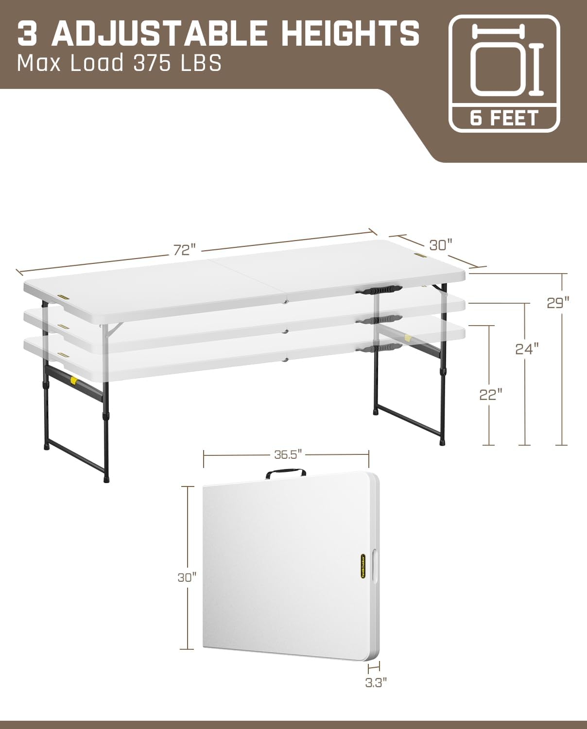 FanttikOutdoor 6ft Folding Table, 3 Heights, One-Handed Height Adjustment, Gravity Lock, Carry Handle, Indoor Outdoor Heavy Duty Fold-in-Half Portable Utility Table, Party, Granite White Zeta X6 Pro