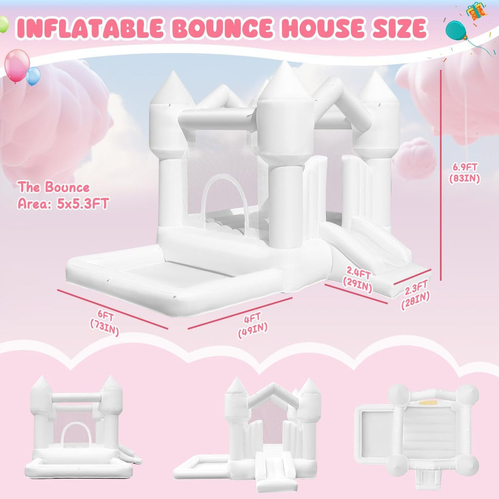 FINCOME Inflatable Bounce House for Kids, White Bounce House with Slide, Jumping Bouncy Castle for Kids Birthday Party, Wedding, Backyard Indoor/Outdoor White (with Blower)