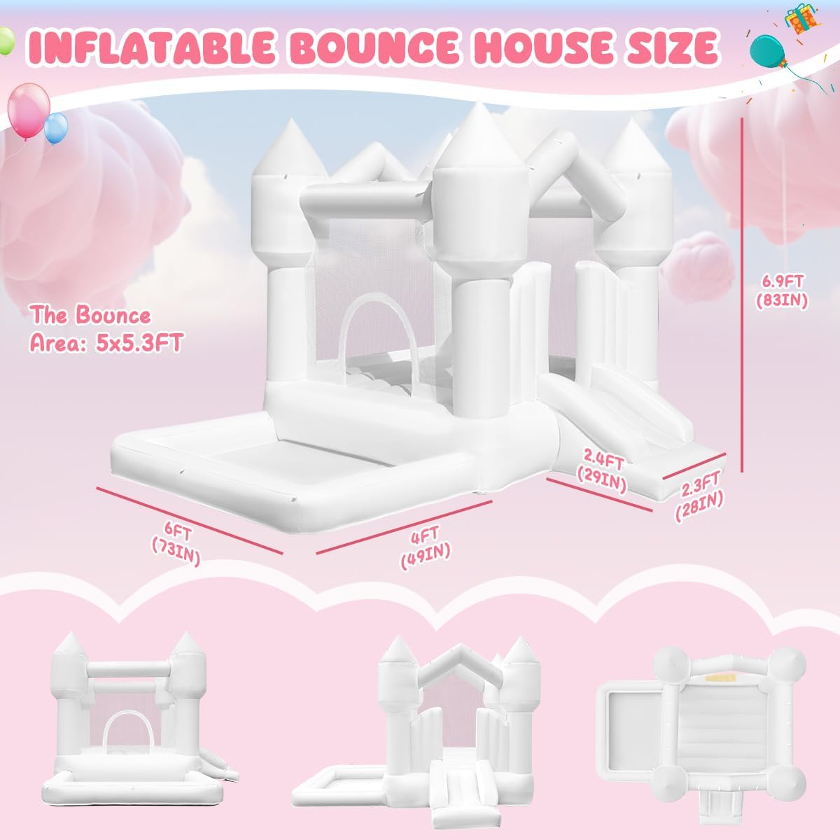 FINCOME Inflatable Bounce House for Kids, White Bounce House with Slide, Jumping Bouncy Castle for Kids Birthday Party, Wedding, Backyard Indoor/Outdoor White (with Blower)