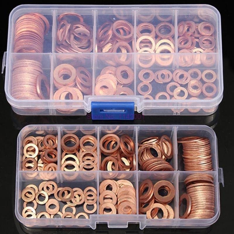 10Set 200pcs/set Copper Washer Gasket Nut and Bolt Set Flat Ring Seal Assortment Kit with Box //M8/M10/M12/M14 for Sump Plugs
