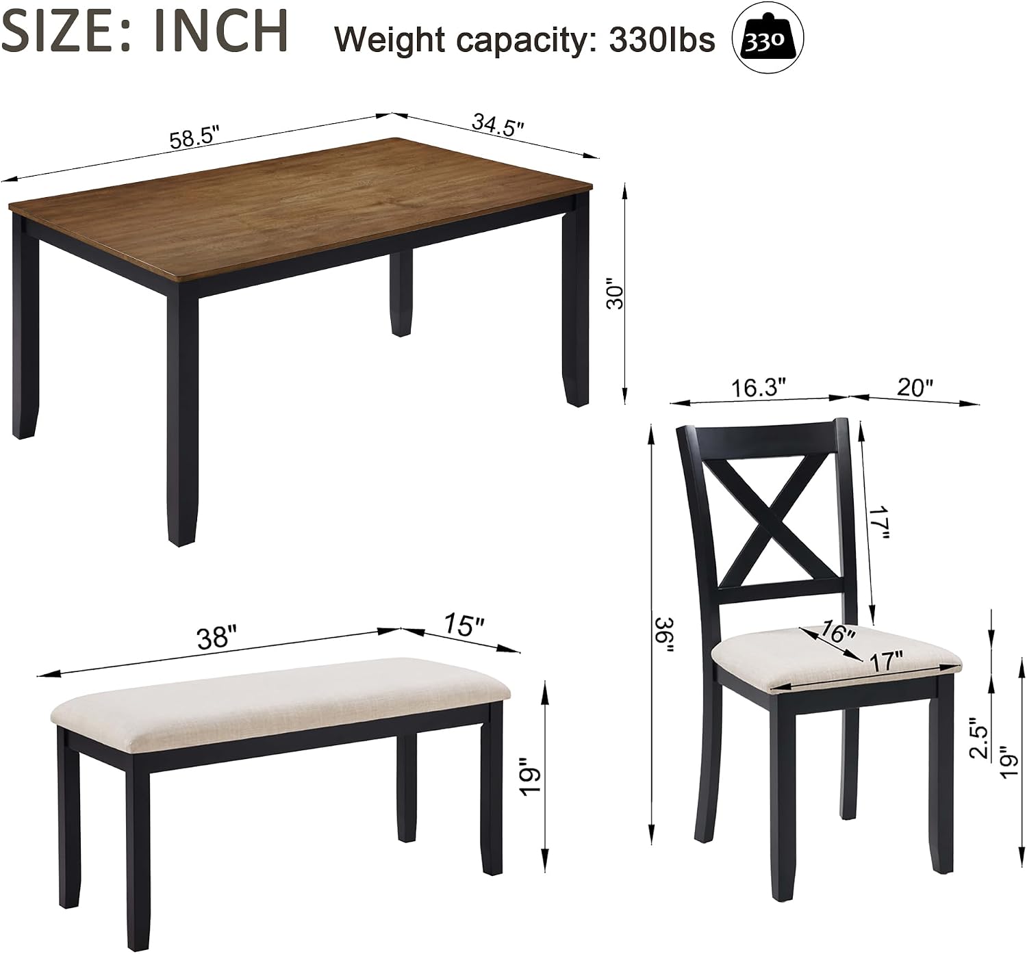 Harper & Bright Designs Dining Table Set for 6 with Bench, 6-Piece Farmhouse Kitchen Set in Black & Oak Two-Tone, Solid Wood Frame Table & 4 Chairs for Dining Room