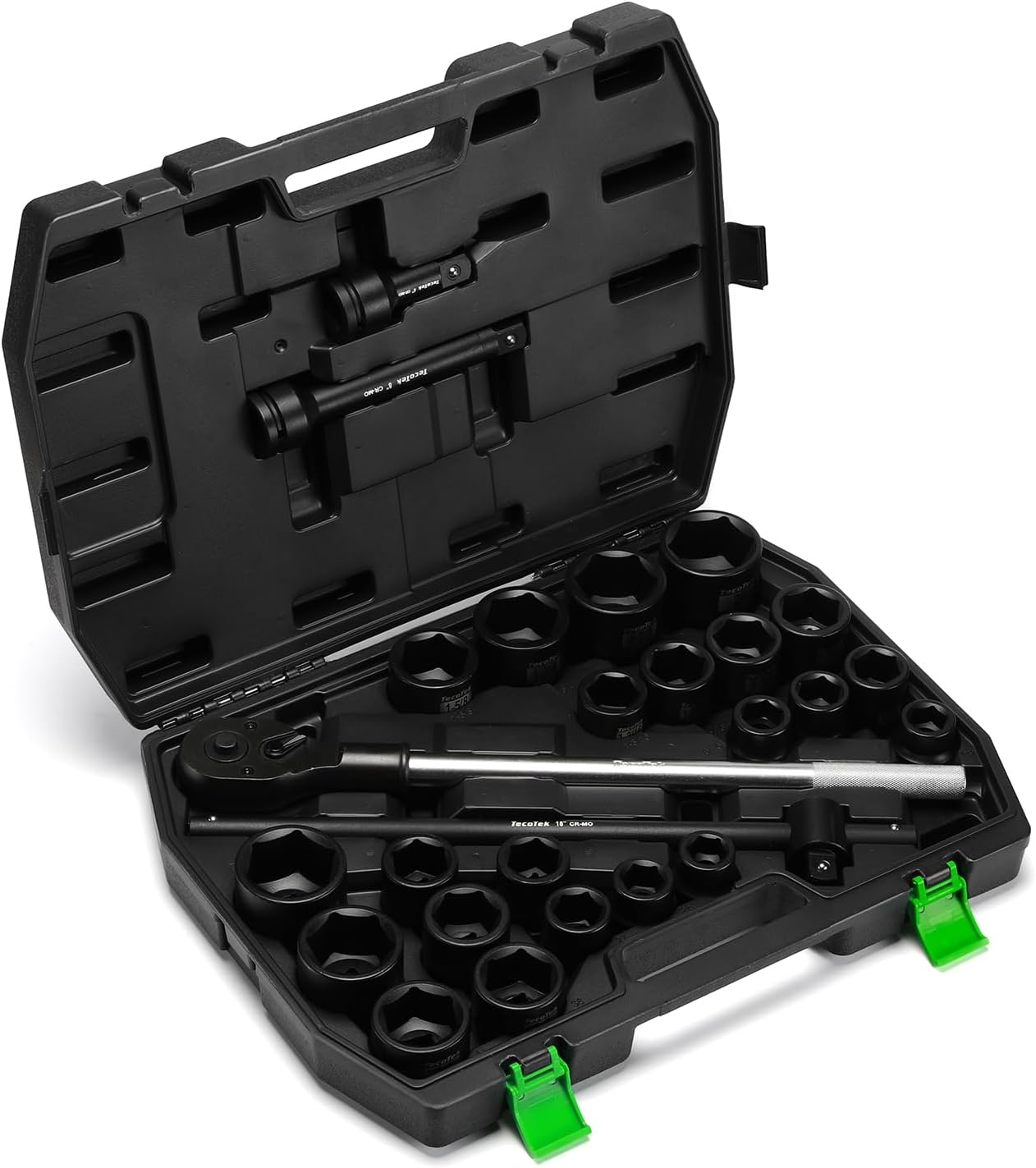 TecoTek 3/4' Drive Shallow 6-Point Impact Socket Set, 27-Piece Jumbo Assortment, CR-MO, SAE (7/8-Inch to 2-Inch) and Metric (22mm to 50mm), Ratchet Handle with Extensions